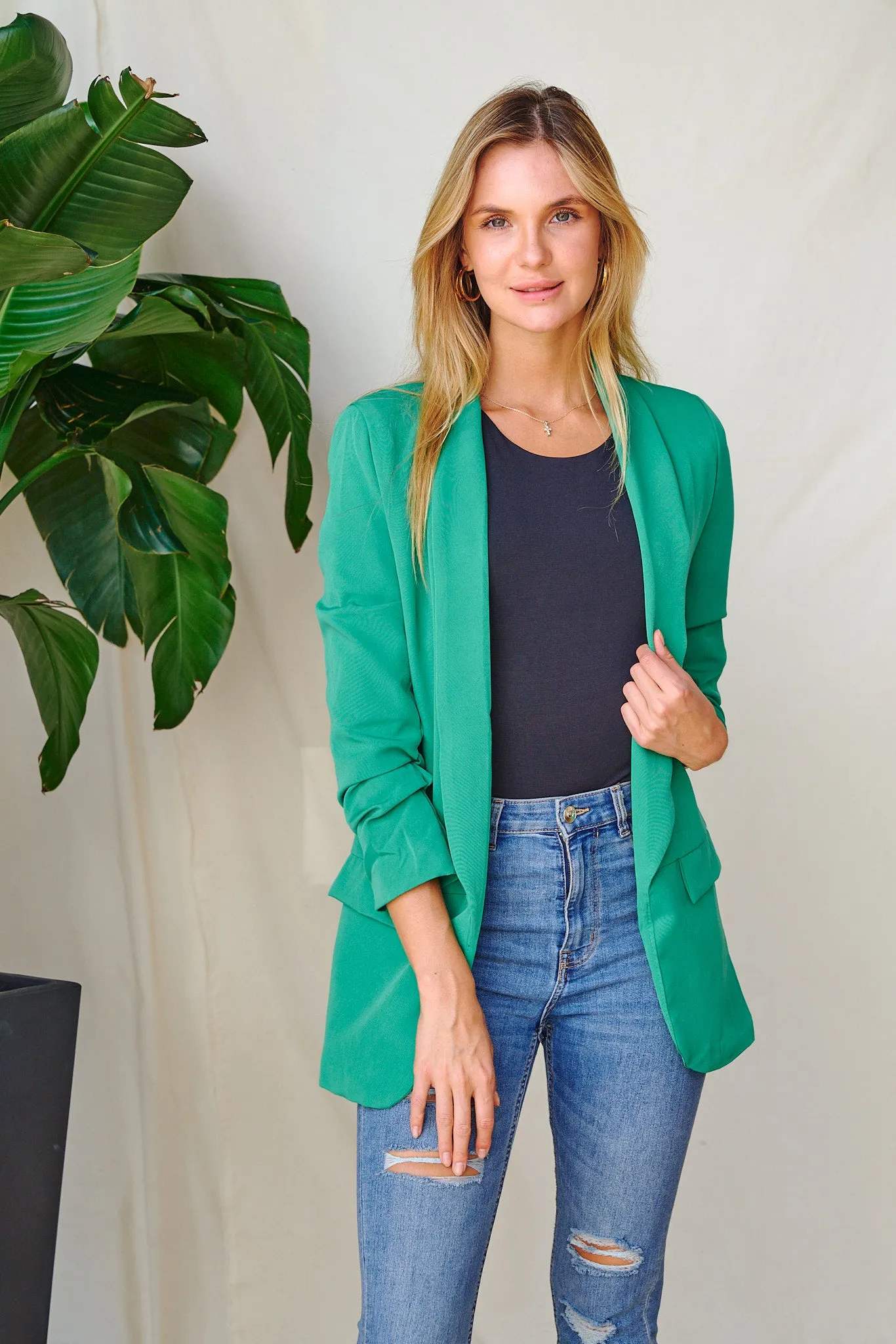 Solid Ruched Sleeves Blazer