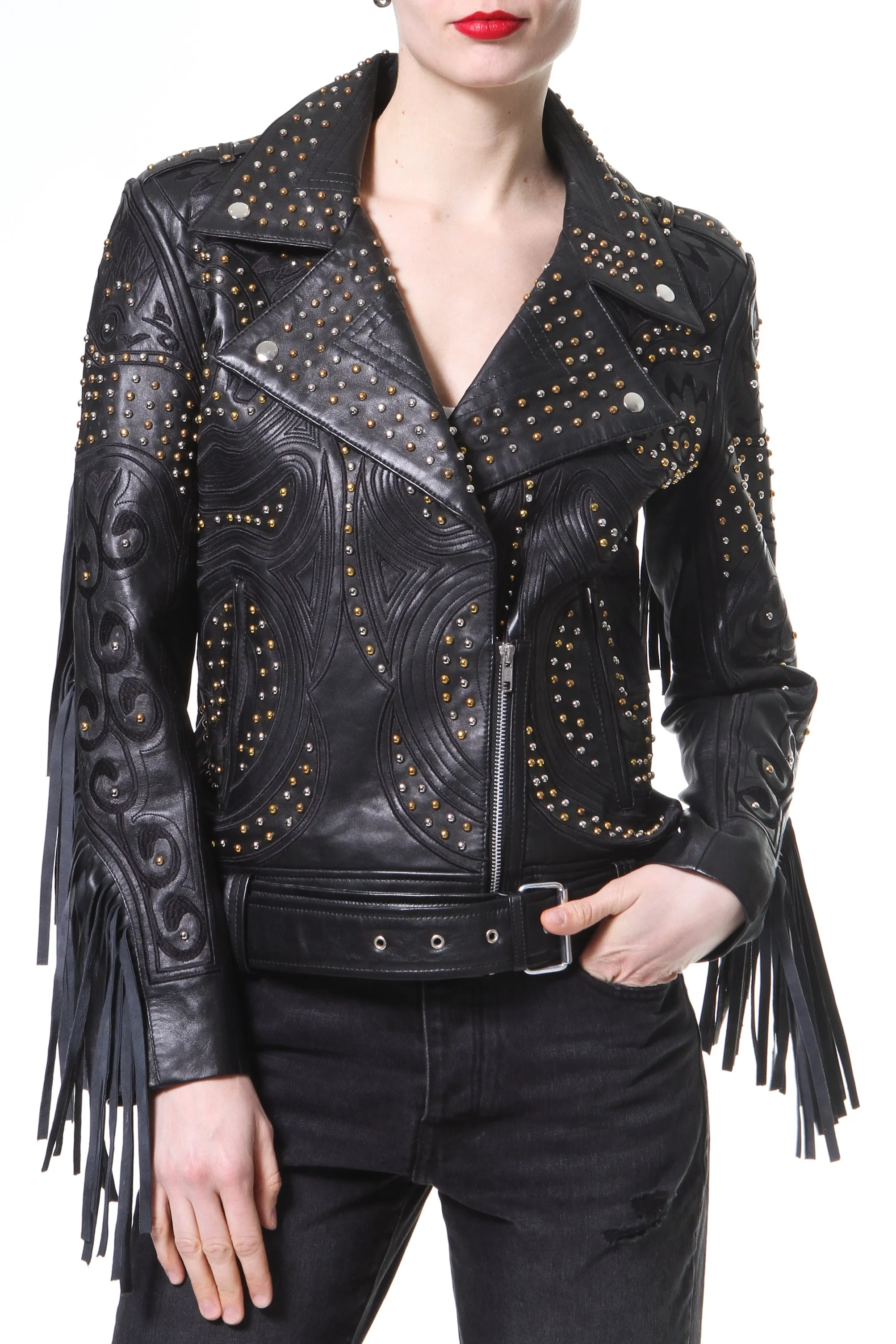 Studded Fringe Leather Biker