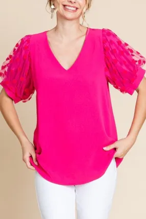 Swiss Dot Puffed Short Sleeve Top- Fuchsia