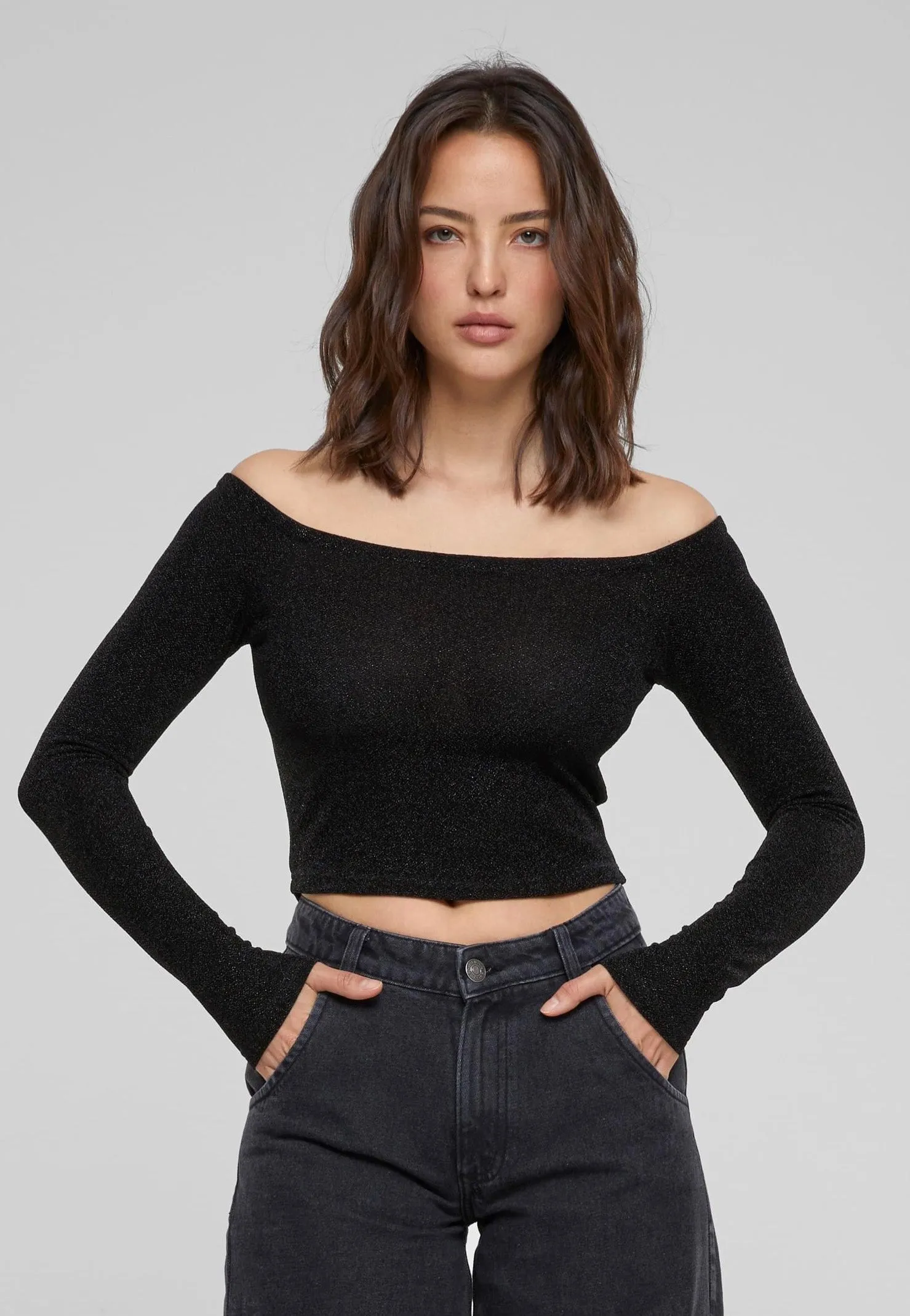 Urban Classics - Ladies Off Shoulder Glitter Black - Longsleeve