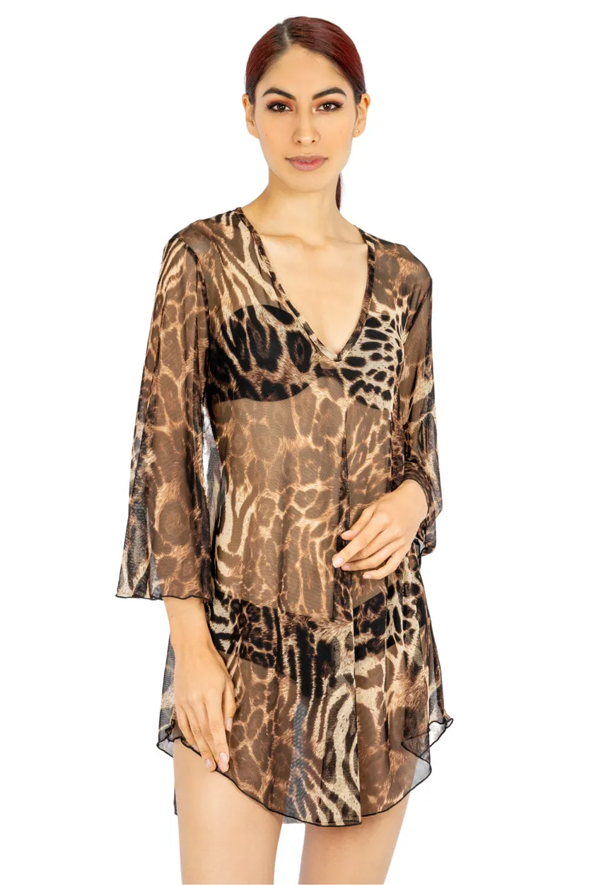 V-NECK BELL SLEEVE TUNIC - ANIMAL PRINT