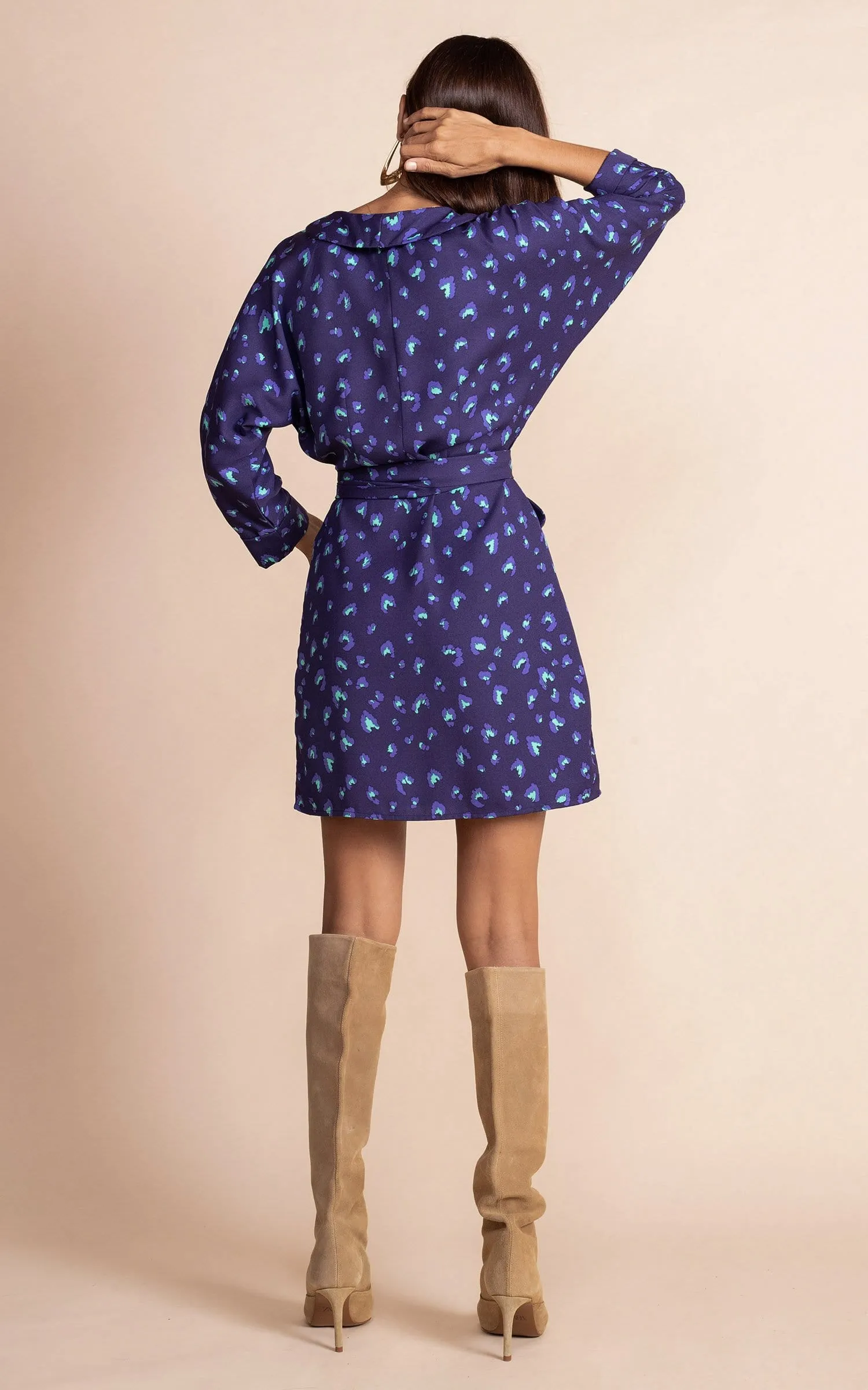 Valley Mini Dress in Abstract Purple on Navy Leopard