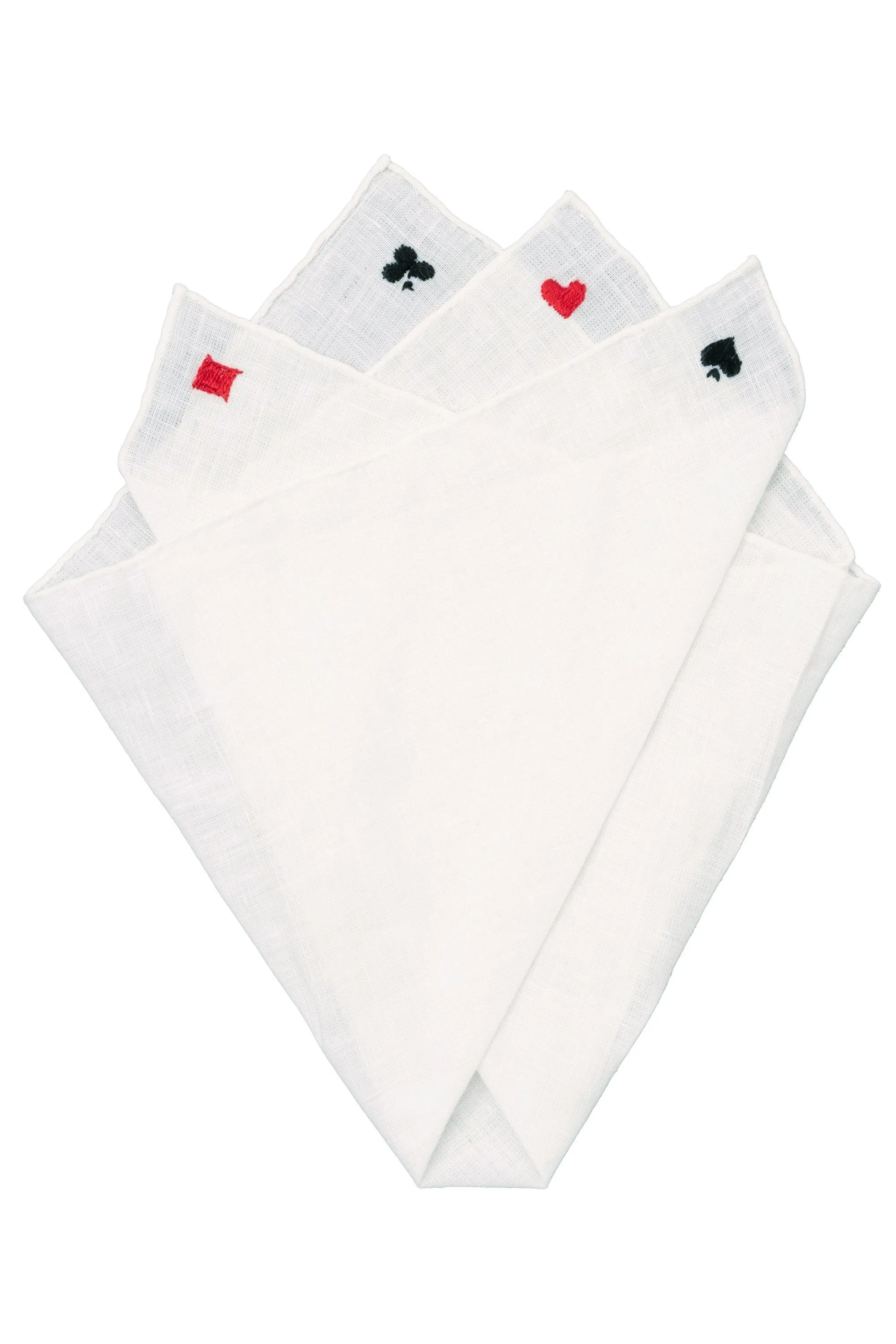 White Poker Card Suits Embroidered Linen Pocket Square