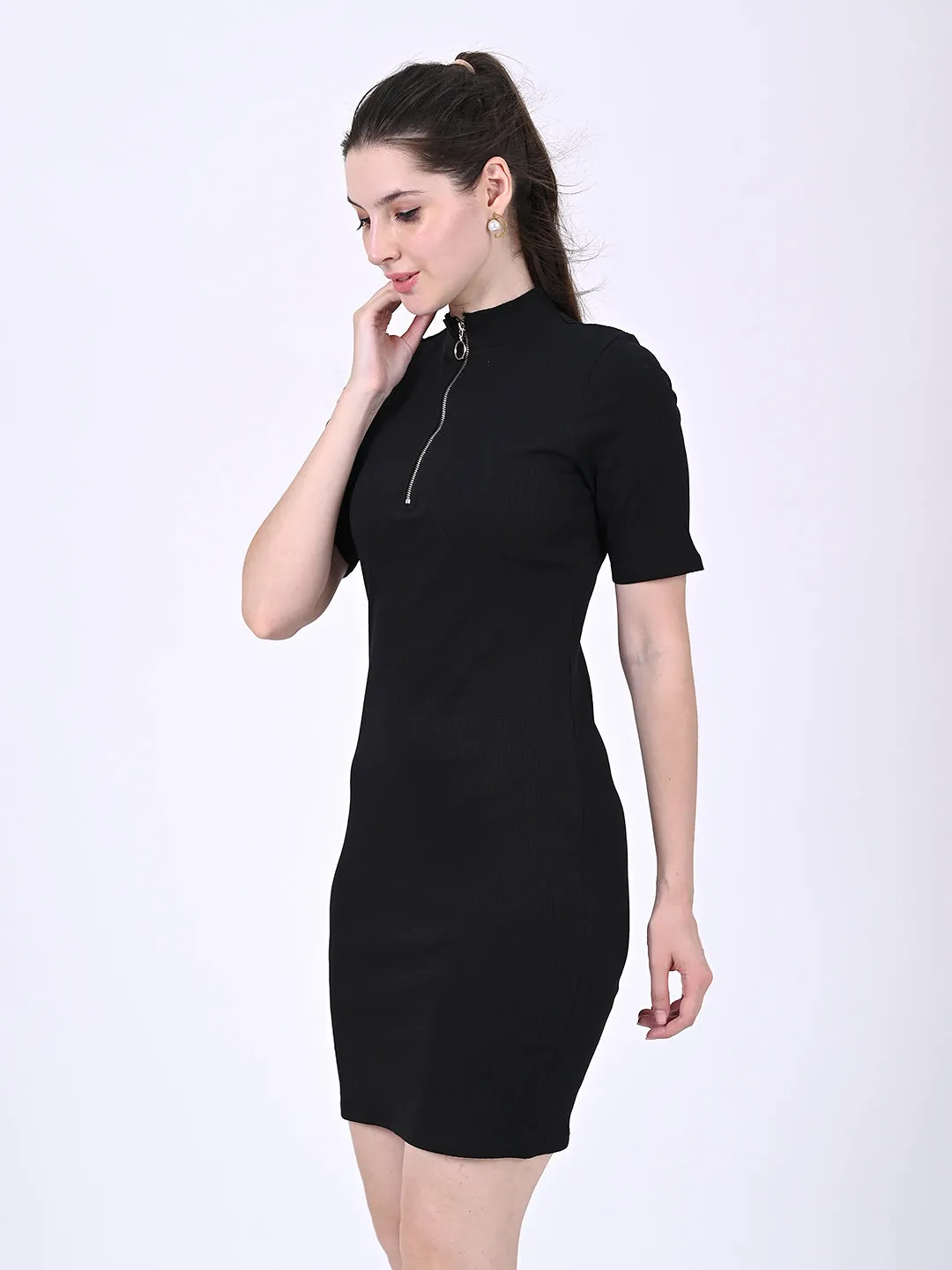 Women Black High Neck Ribbed Dress