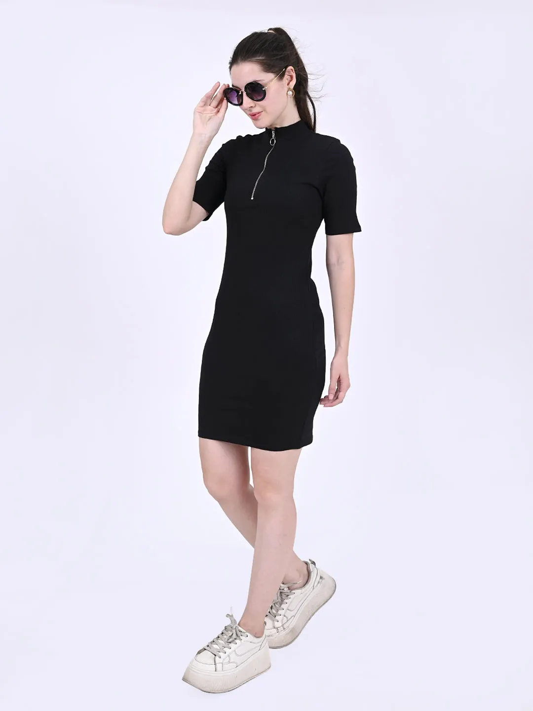 Women Black High Neck Ribbed Dress