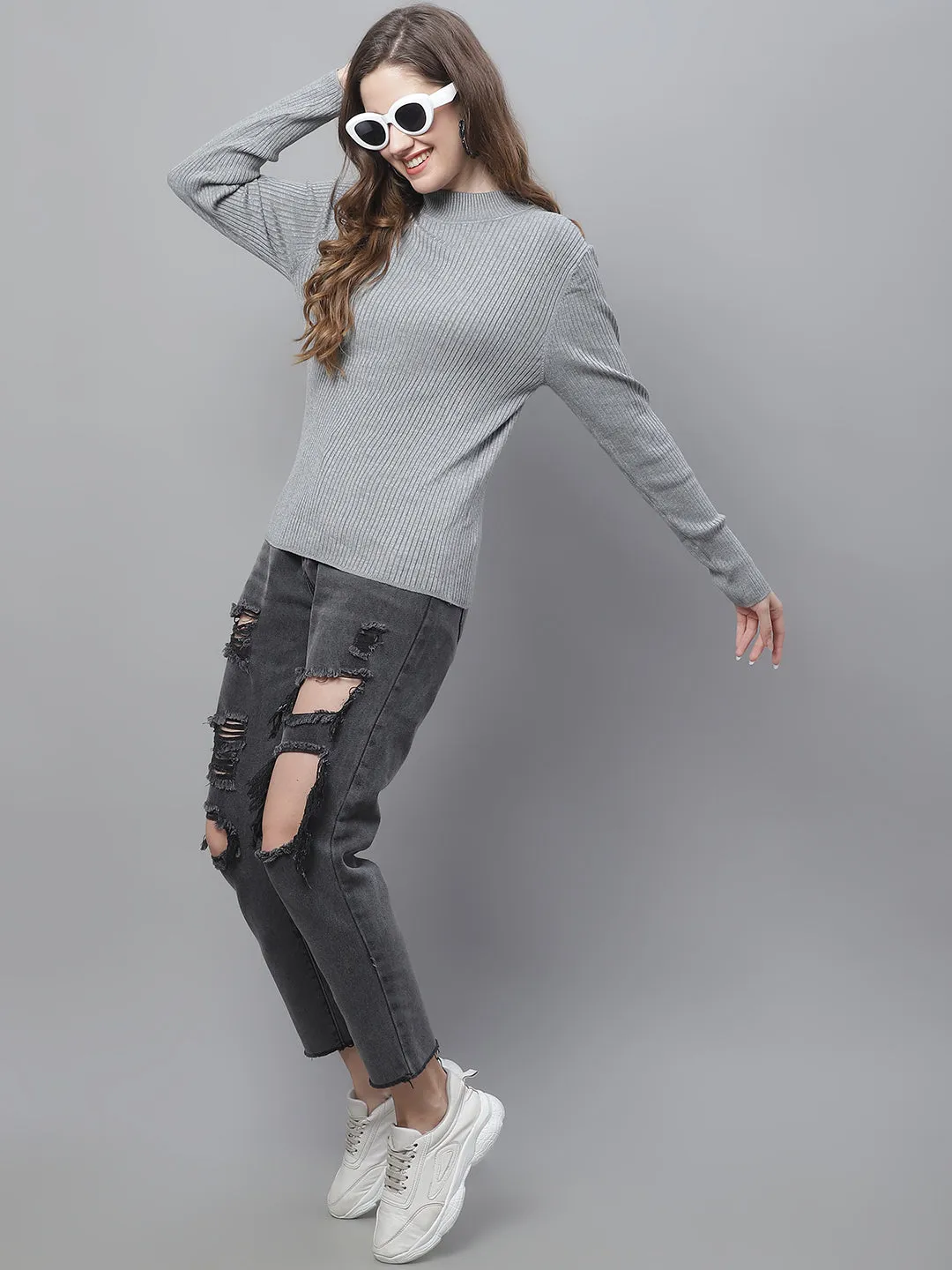 Women Grey Ribbed Turtleneck