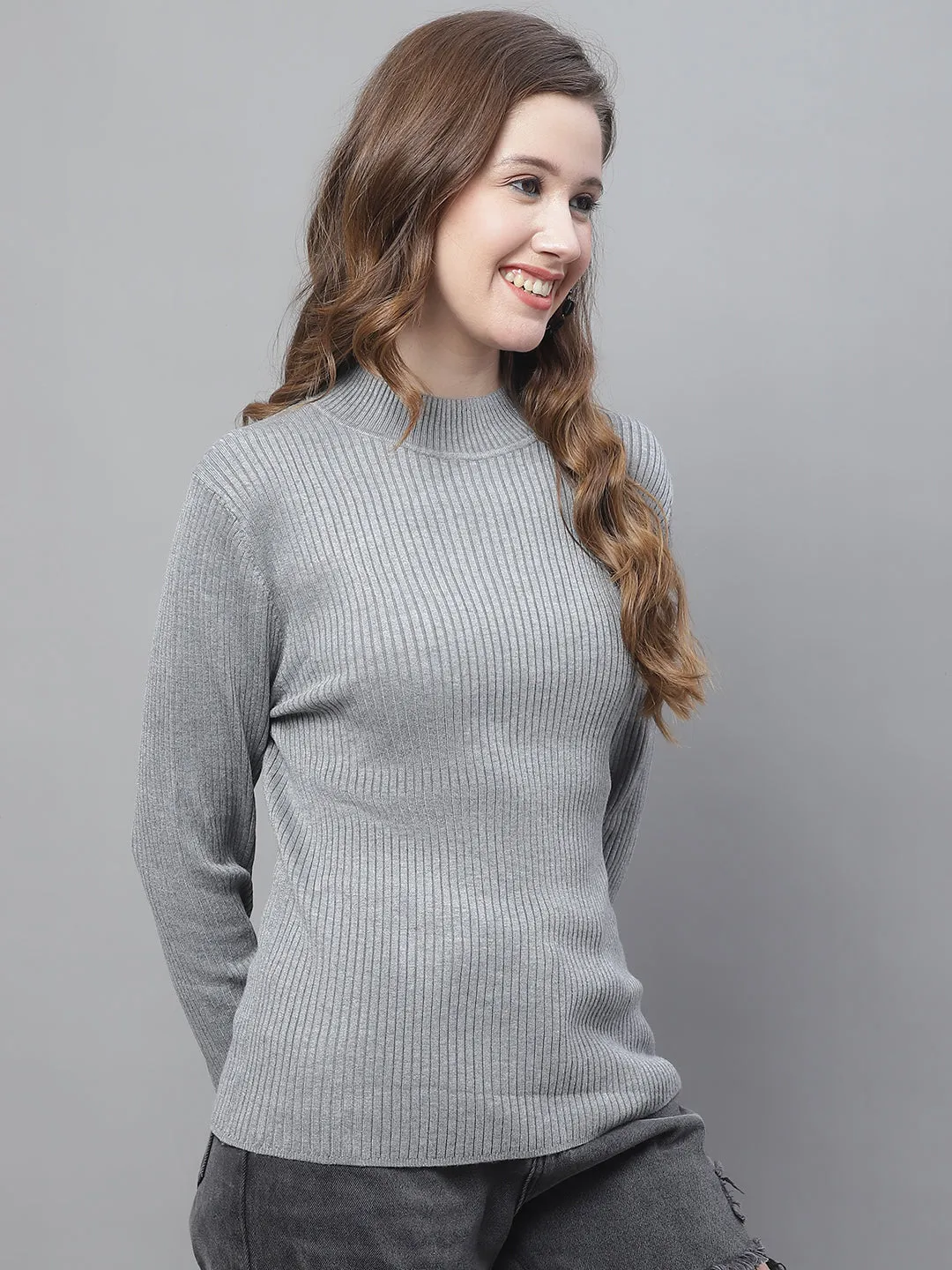 Women Grey Ribbed Turtleneck