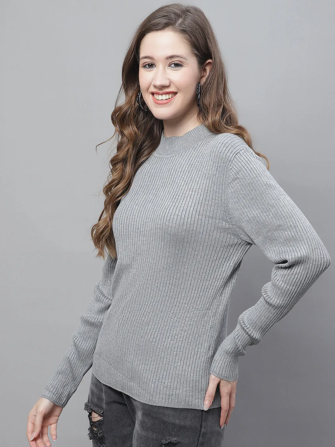 Women Grey Ribbed Turtleneck