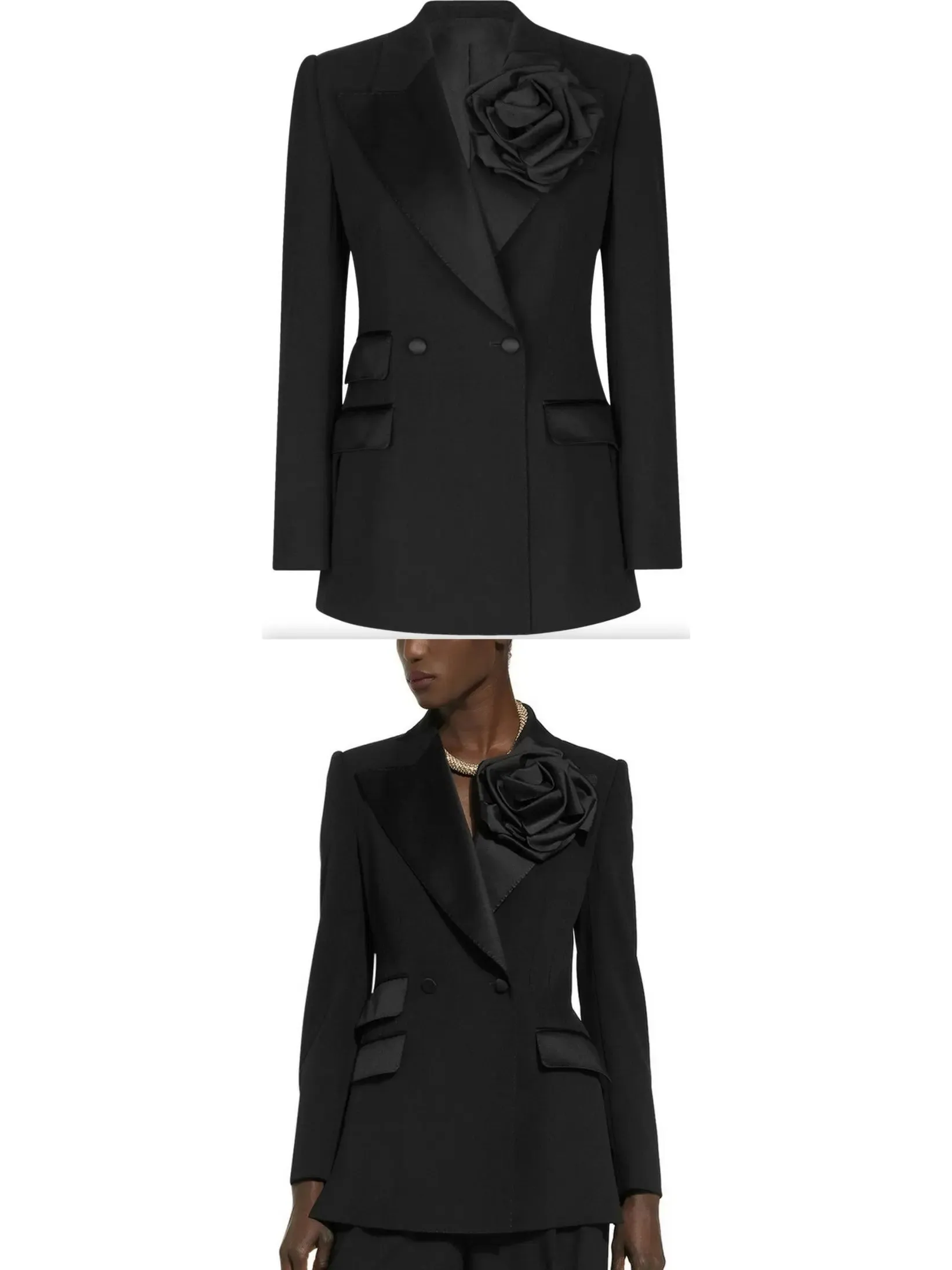 Women’s Black Double-Breasted Flower-Applique Blazer Jacket