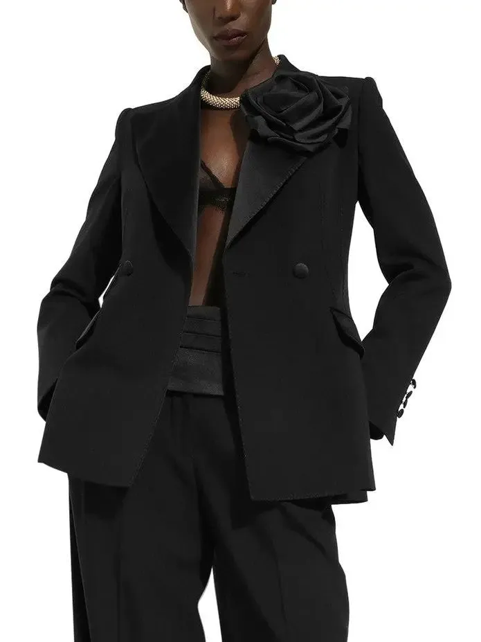 Women’s Black Double-Breasted Flower-Applique Blazer Jacket