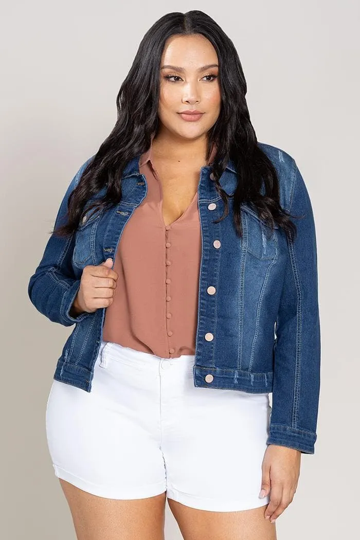 Women's Plus Size Distressed Denim Jacket