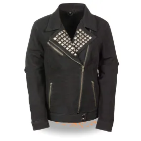 Women’s Zipper Front Black Denim Jacket w/ Studded Spikes