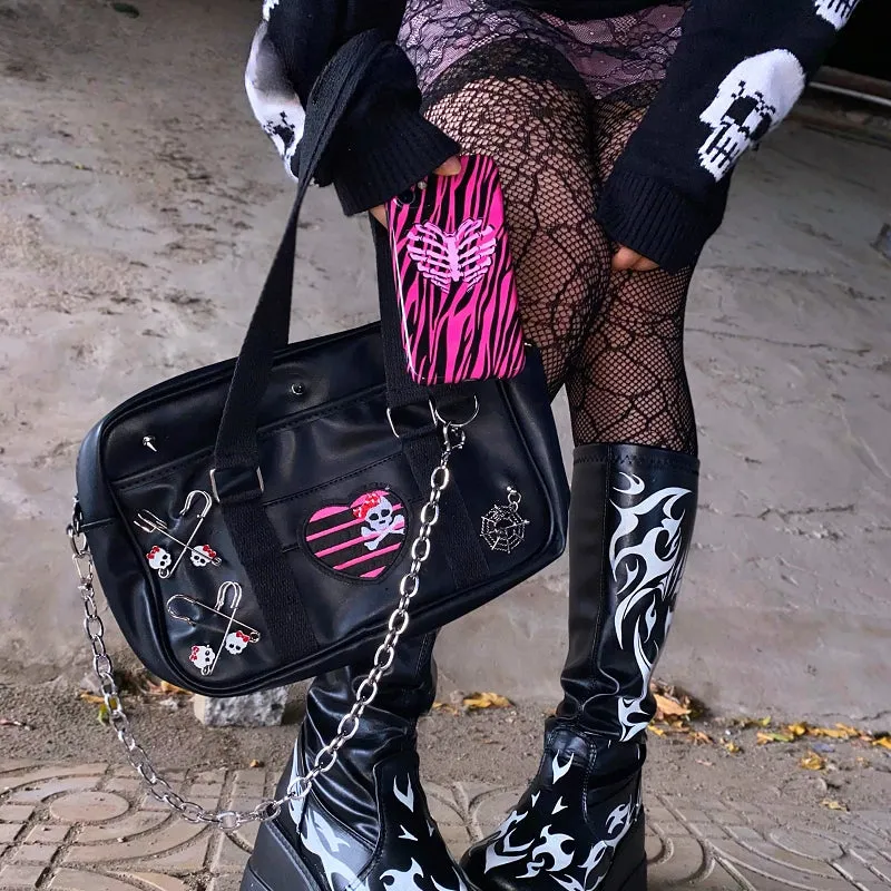 Y2K Skeleton Head Metal Punk Single Shoulder Gothic Student Uniform Bag